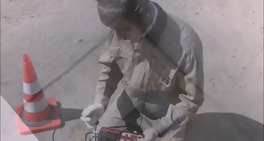 Boulder leak detection technician using acoustic ground sensor on a concrete slab